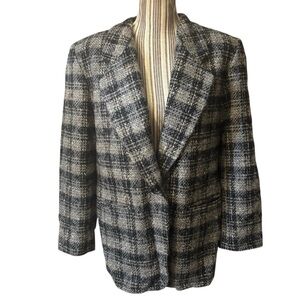 Vintage 80s Pendleton Blazer 14W Black Gray Tan Plaid Tweed 100% Virgin Wool